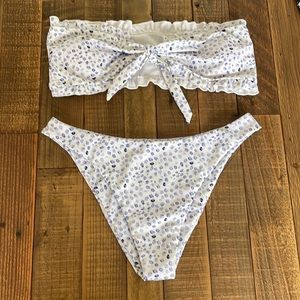 purple polka dot and white bikini